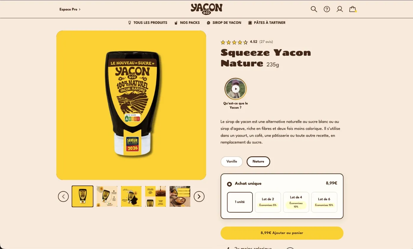 Yacon&co, page produit avec lots et abonnement
